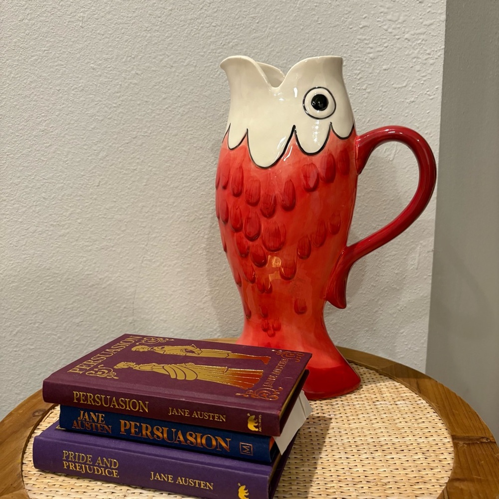 Blue Sky Red and Cream Fish Pitcher